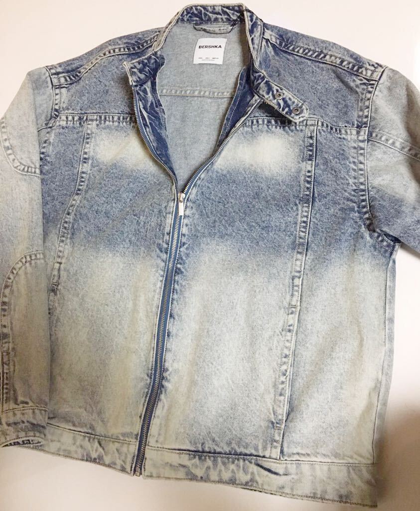 Bershka デニム ライダース ジャケット 新品 L ベルシュカ DENIM RIDERS JACKET シングル 加工 インディゴ indigo オーバー サイズ_画像2