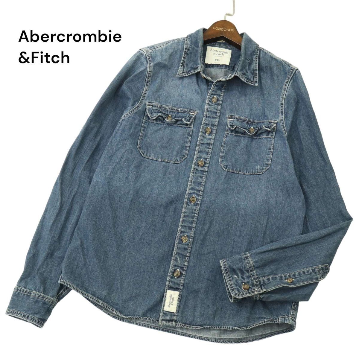 Abercrombie&Fitch アバクロンビー＆フィッチ ダメージ加工★ 長袖 ワーク デニム シャツ Sz.XXL　メンズ 大きいサイズ　A4T02735_3#C_画像1