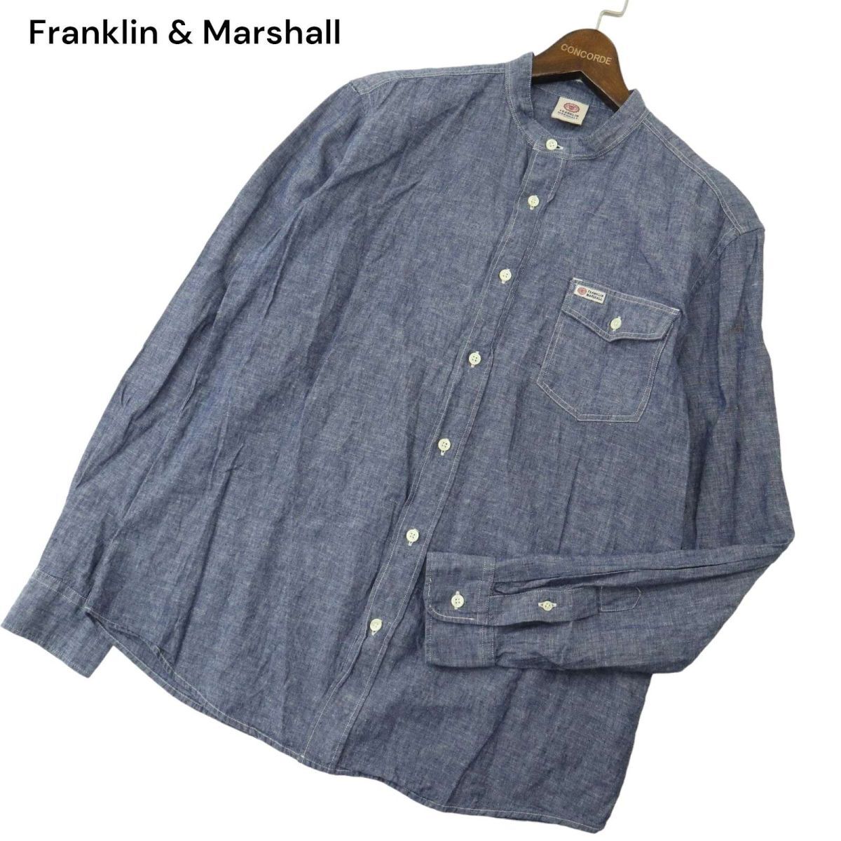 イタリア製★ Franklin & Marshall フランクリン＆マーシャル リネン混 長袖 バンドカラー シャンブレー シャツ Sz.L メンズ A4T03713_4#Aの画像1