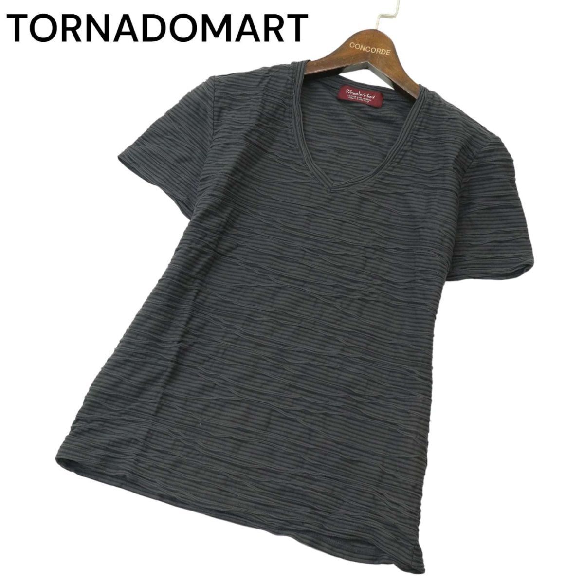 TORNADOMART トルネードマート イタリア製生地 タック ジャガード ボーダー 半袖 Vネック カットソー Tシャツ Sz.M メンズ　A4T03945_4#D_画像1