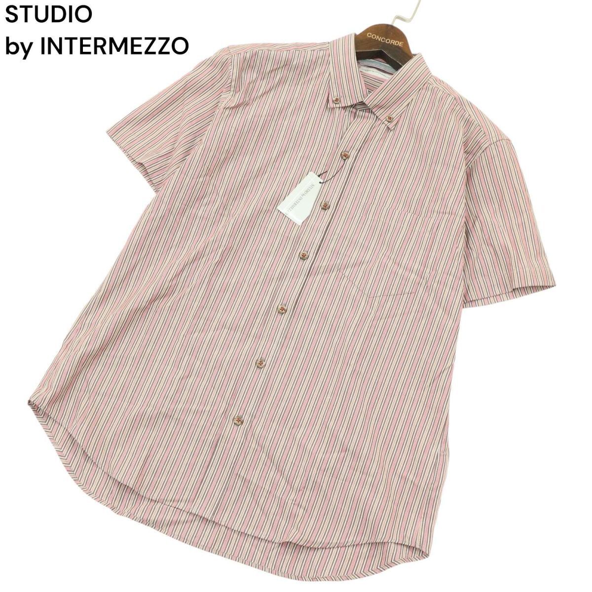 未使用★ STUDIO by INTERMEZZO インターメッツォ レナウン 春夏 半袖 ボタンダウン ストライプ シャツ Sz.M　メンズ　A4T04426_4#A_画像1