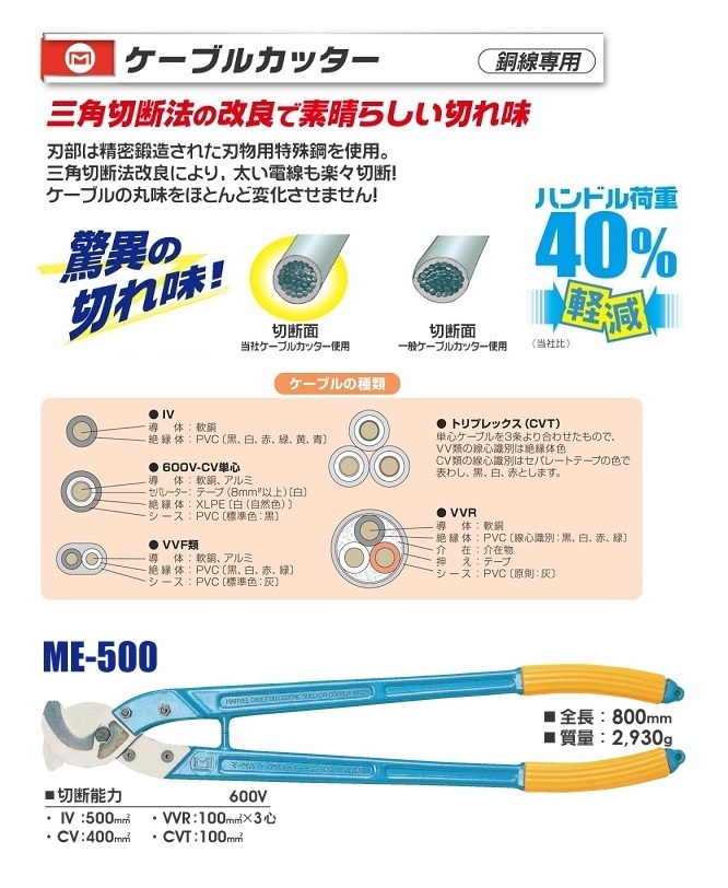 マ－ベル ME-500 ケ－ブルカッタ－ 銅線専用 切断能力:IV線500mm2 三角切断法の改良で素晴らしい切れ味 新品 ME500 MARVEL_画像2