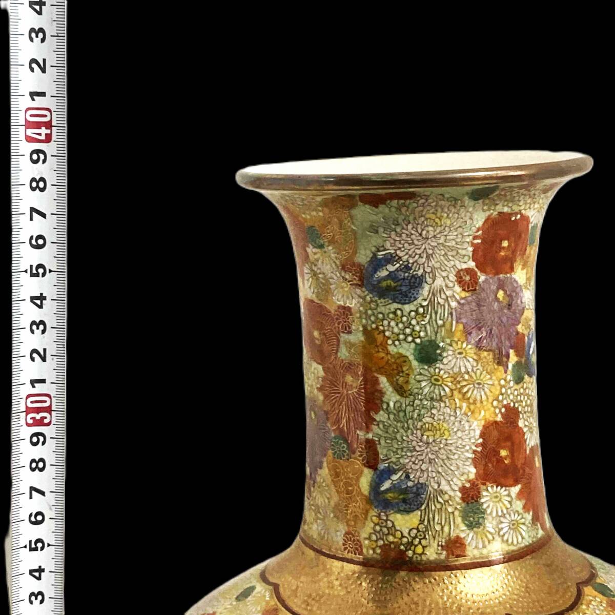 薩摩焼 薩摩連山 花瓶 花器 花入れ 金彩色絵大花瓶 扇面 飾り壺 高さ約39cm インテリア 華道具 茶道具 古美術_画像9