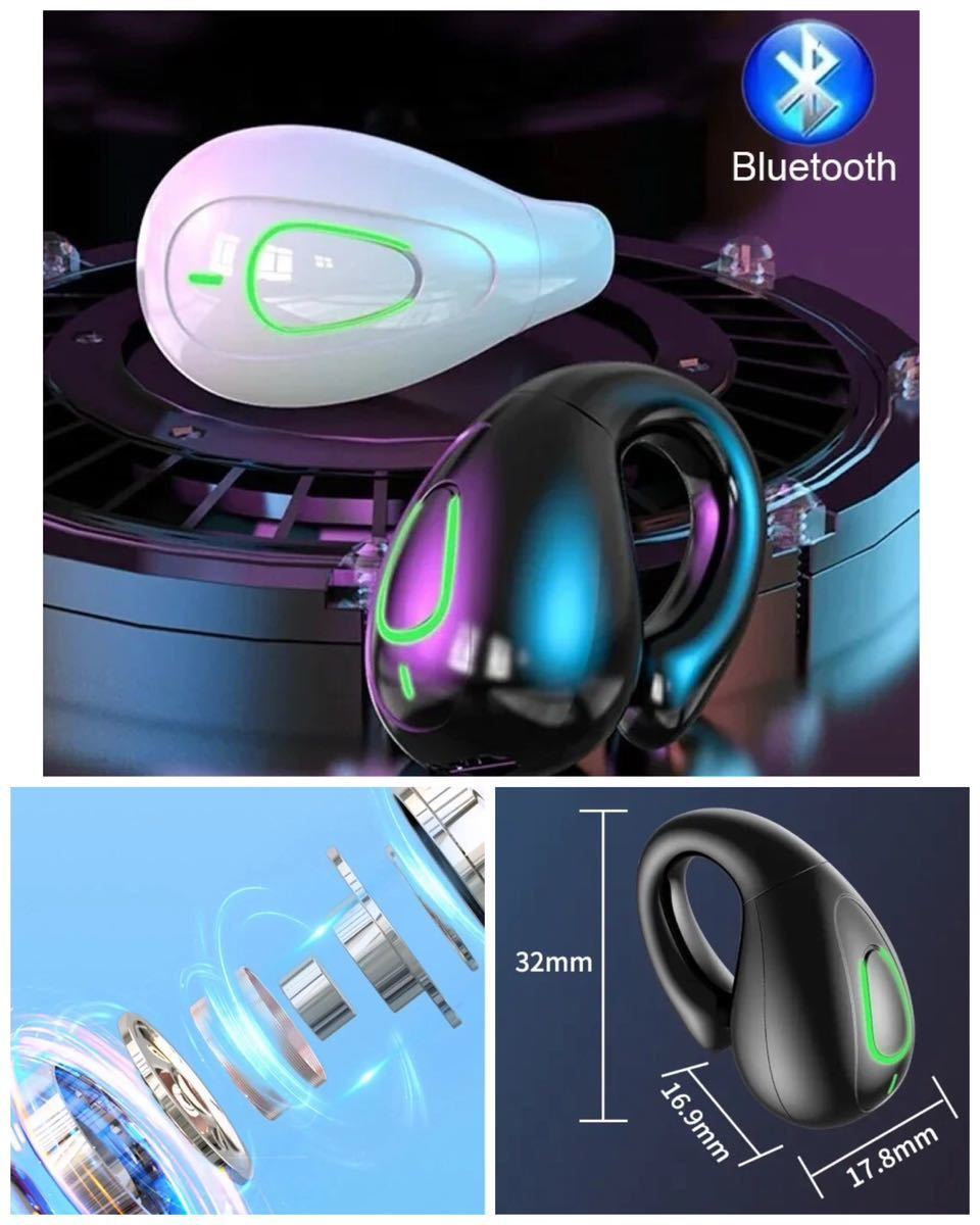 Bluetooth5.3 イヤホン ワイヤレスイヤホン IPX5 空気伝導イヤホン クリップ型 防水 耳掛け スピーカー マイク 片耳 USB 白の画像9