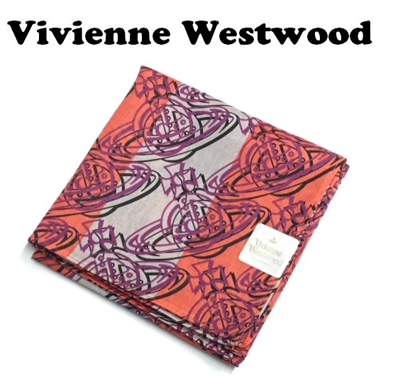 【Vivienne Westwood】(NO.3140）ヴィヴィアンウエストウッド ハンカチ オーブ総柄 赤ピンク系 未使用 50cmの画像1