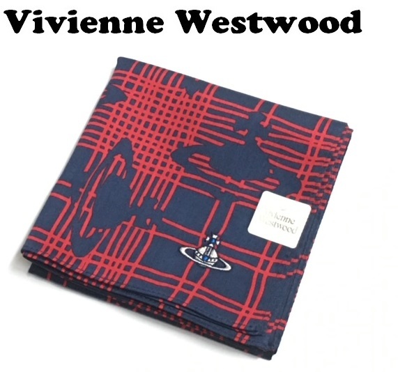 【Vivienne Westwood】(NO.3157）ヴィヴィアンウエストウッド ハンカチ レッド×ネイビー 未使用 50cmの画像1