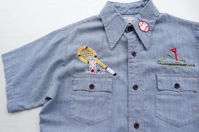 ◆ 70's JC Penney 刺繍入り 半袖シャンブレーシャツ ボーイズ18 メンズXS 水色/ビンテージ オールド レトロ アメリカ古着 アートの画像2