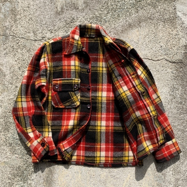 【S/M】UNKNOWN ウールシャツ ジャケット 赤黒黄 チェック■ビンテージ オールド レトロ アメリカ古着 60s-70s SALE_画像8