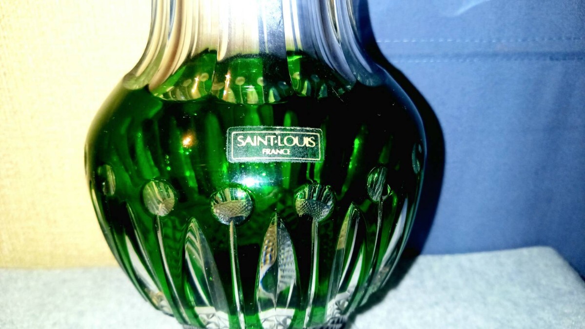 Saint Louis サンルイ クリスタル グリーン 色被せ カットガラス フラワーベース 花瓶 約24㎝ SAINT-LOUIS 未使用保管 中古 レア 切子 箱無_画像3