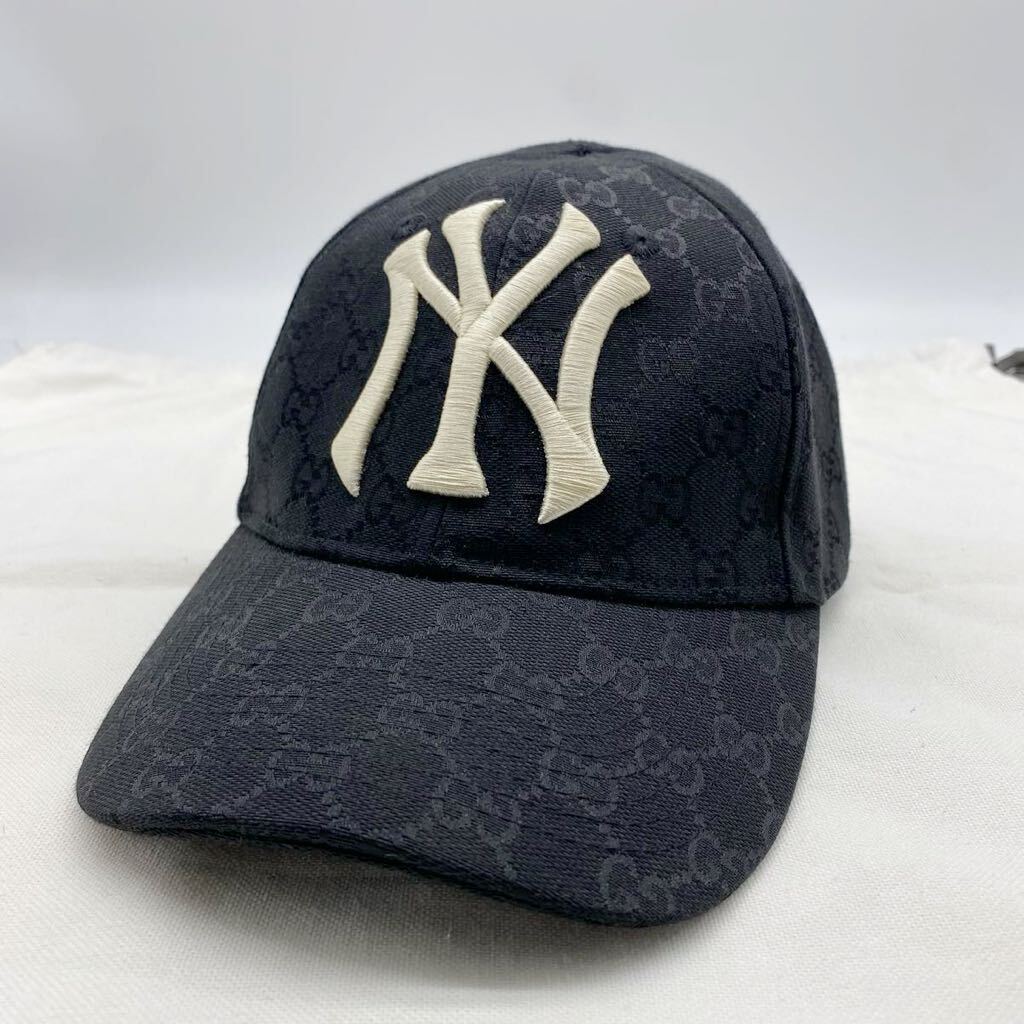 【極美品・最高峰】 GUCCI グッチ MLB コラボ ベースボール キャップ ヤンキース GG柄 刺繍 フリーサイズ ブラック 黒_画像1