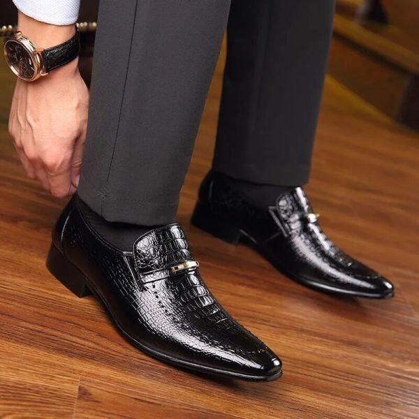靴 bs12【26.5cm黒】 メンズ PUレザー ビジネスシューズ 紐なし スリッポン クロコダイル風 クロコ調 クロコ型押し 合皮 革靴 紳士靴 2
