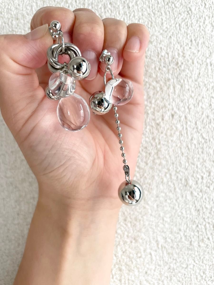 【まるロングアシメピアス】ハンドメイド アシンメトリー クリア