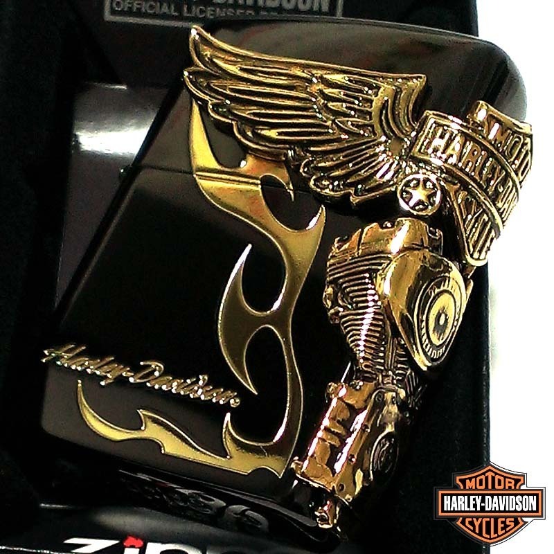 ZIPPO ハーレーダビッドソン ジッポ ライター イオンブラック&アンティークゴールド 3面メタル 国内限定モデル 両面加工 黒金 かっこいい