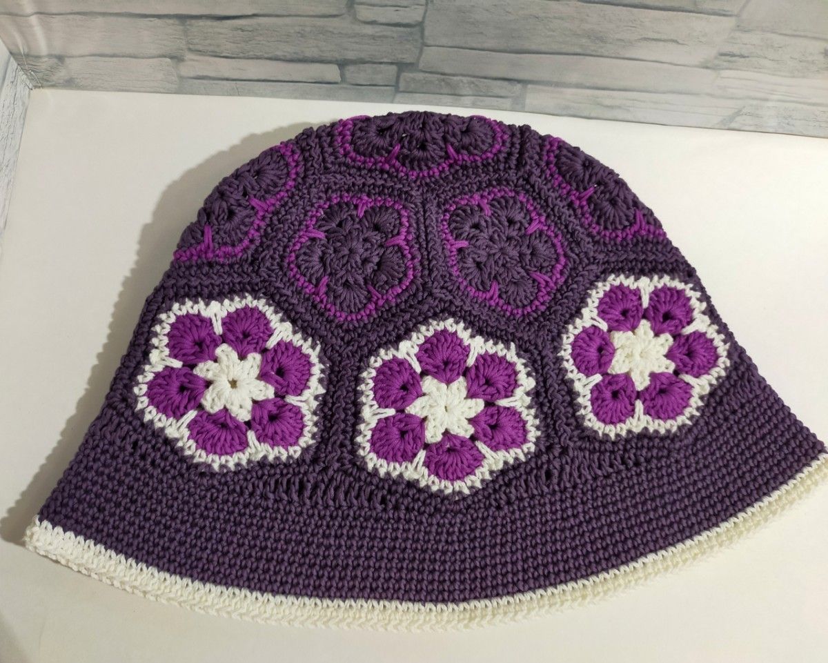 バケットハット＆ストール　紫　コットン100%　春夏　編み物　手編み