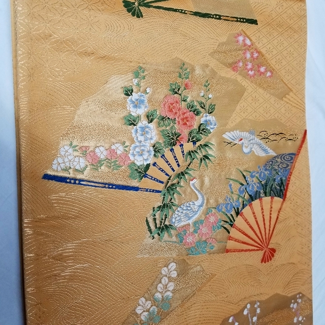 【桐輪】美品｛正絹*西陣織*袋帯｝*赤み黄色地*扇面の中に花鳥文様*六通柄*№2431653_画像6