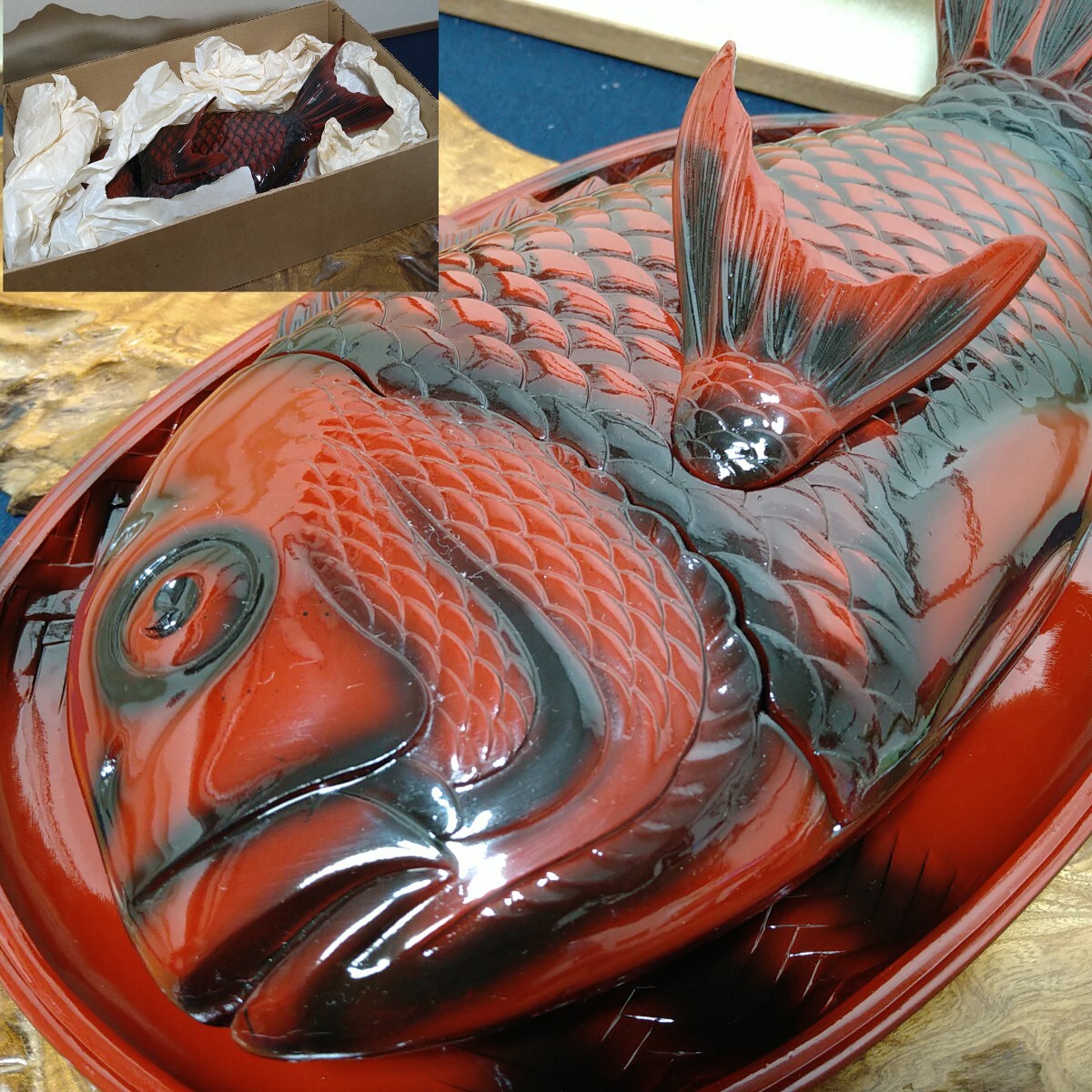 AC62 鯛型 菓子器 盛皿付 木製漆器 細密細工 漆芸 艶々 専用紙箱 茶道具 煎茶道具の画像1