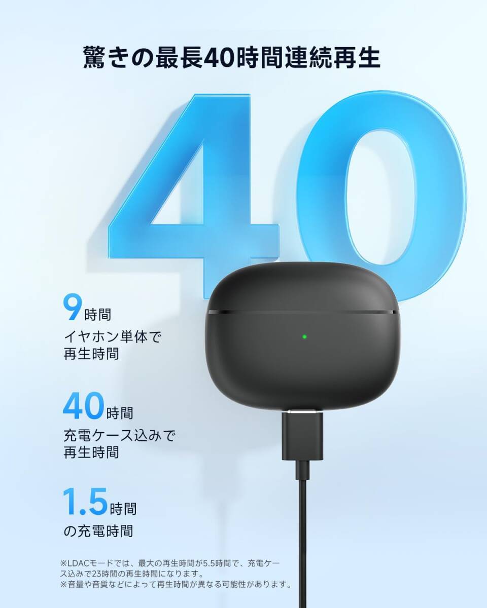 【VGP 2024金賞】EarFun Air 2 Bluetooth 5.3 ワイヤレスイヤホンハイレゾ LDAC対応/40時間再生/ワイヤレス充電/ IPX7防水 黒の画像4