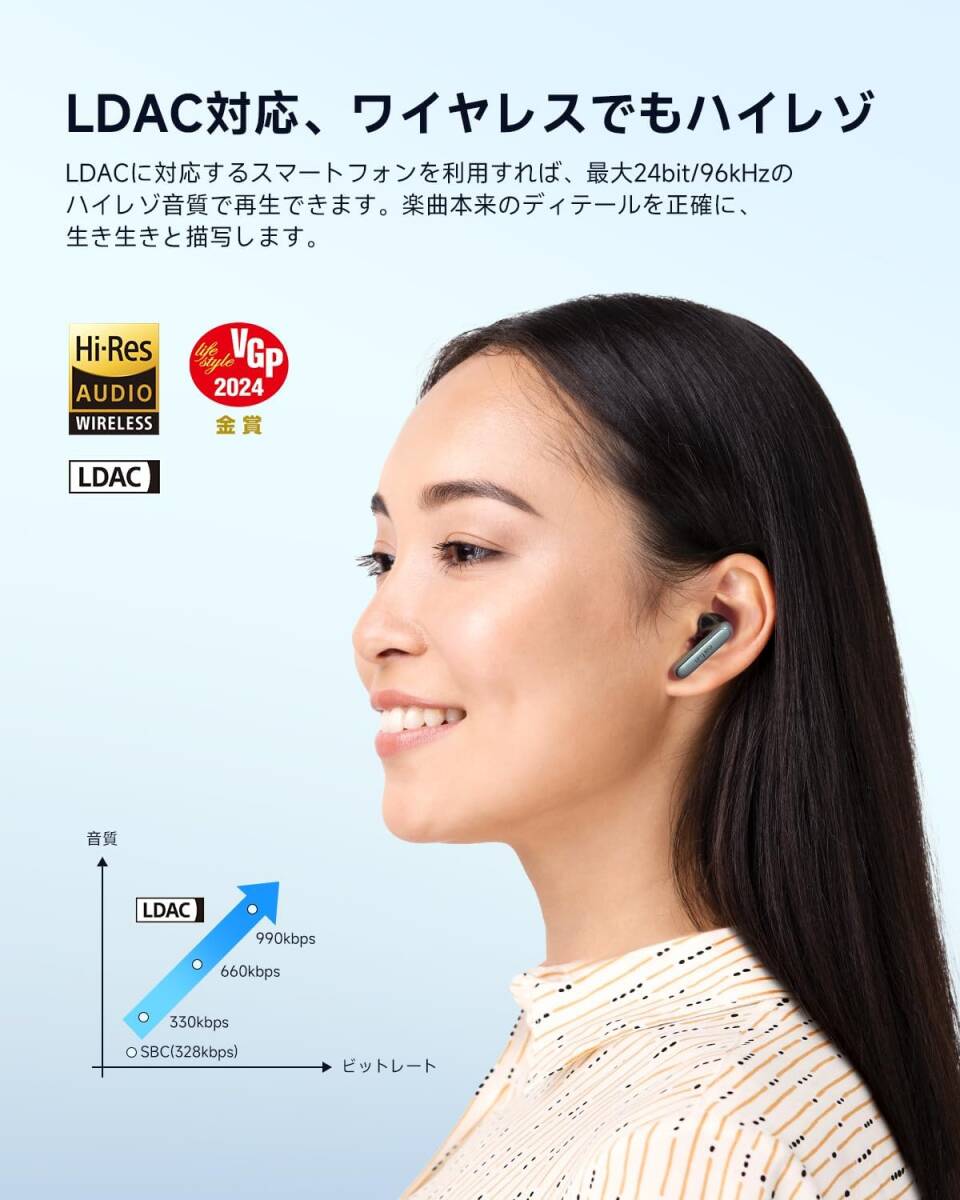 【VGP 2024金賞】EarFun Air 2 Bluetooth 5.3 ワイヤレスイヤホンハイレゾ LDAC対応/40時間再生/ワイヤレス充電/ IPX7防水 黒の画像2