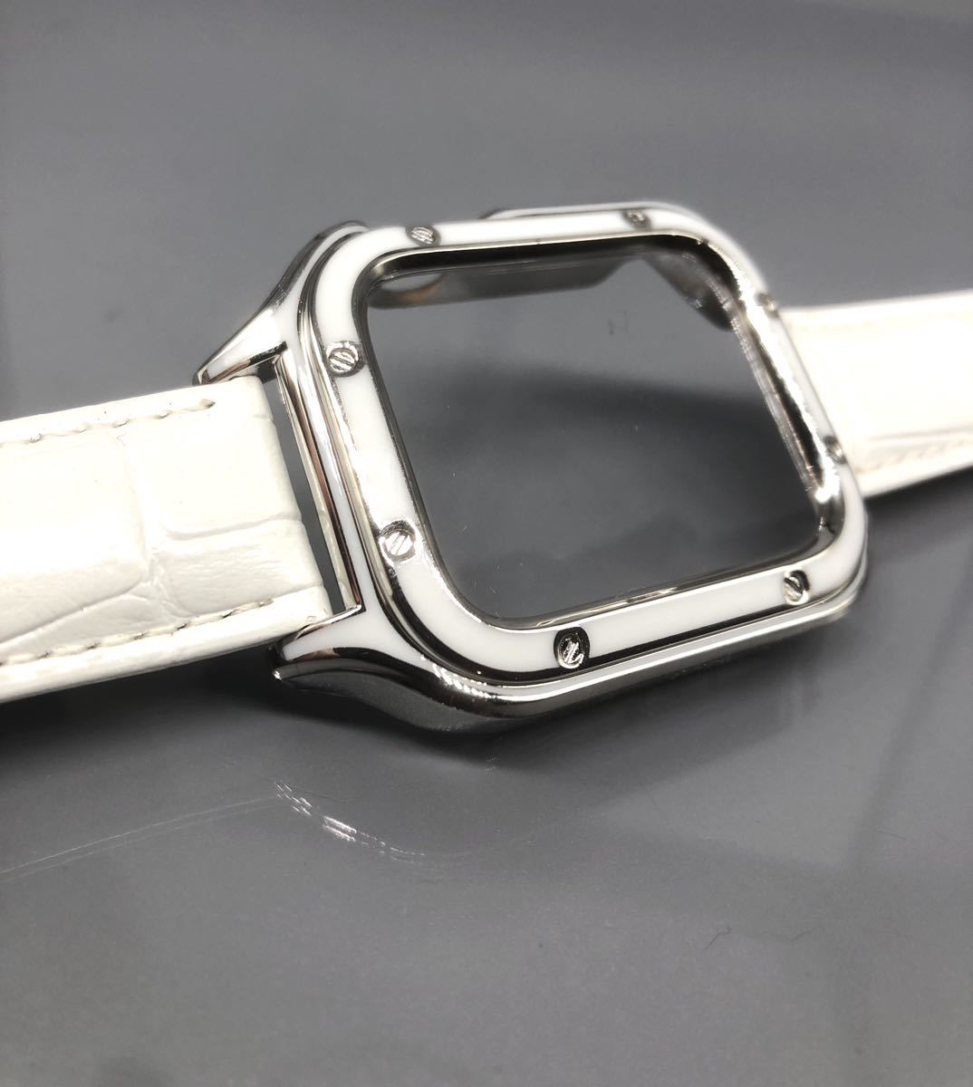 s ホワイト アップルウォッチバンド 高級レザー 本革ベルト Apple Watch クロコダイル ジルコン カバー ケース 40mm 41mm 44mm 45mmの画像6