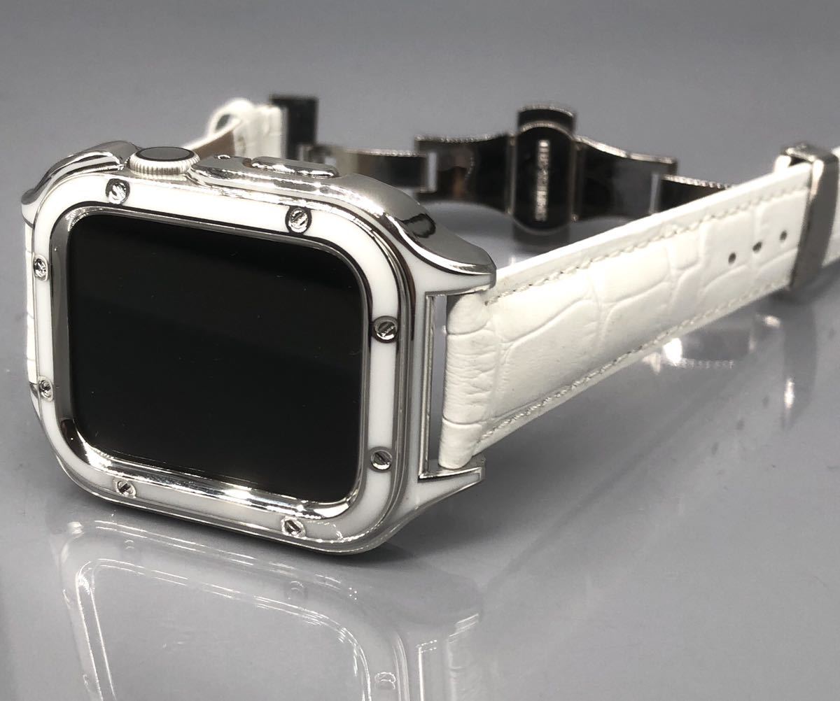 s ホワイト アップルウォッチバンド 高級レザー 本革ベルト Apple Watch クロコダイル ジルコン カバー ケース 40mm 41mm 44mm 45mmの画像4