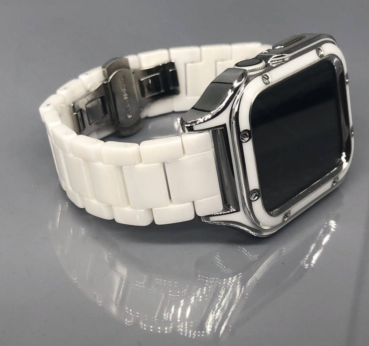 ホワイト アップルウォッチバンド ステンレスベルト セラミック 保護 画面保護 カバー ケース 40mm 41mm 44mm 45mm Apple Watchの画像2