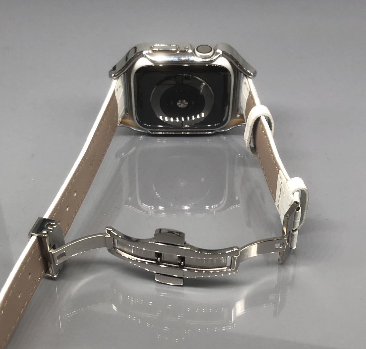 s ホワイト アップルウォッチバンド 高級レザー 本革ベルト Apple Watch クロコダイル ジルコン カバー ケース 40mm 41mm 44mm 45mmの画像3