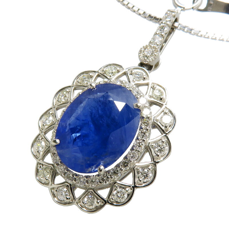 【日本産】 サファイア ビルマ産/ミャンマー産 非加熱 大粒 ★★最終特価品 5.88ct レディース Pt950/K18WG ネックレス 計0.85ct ダイヤモンド プラチナ