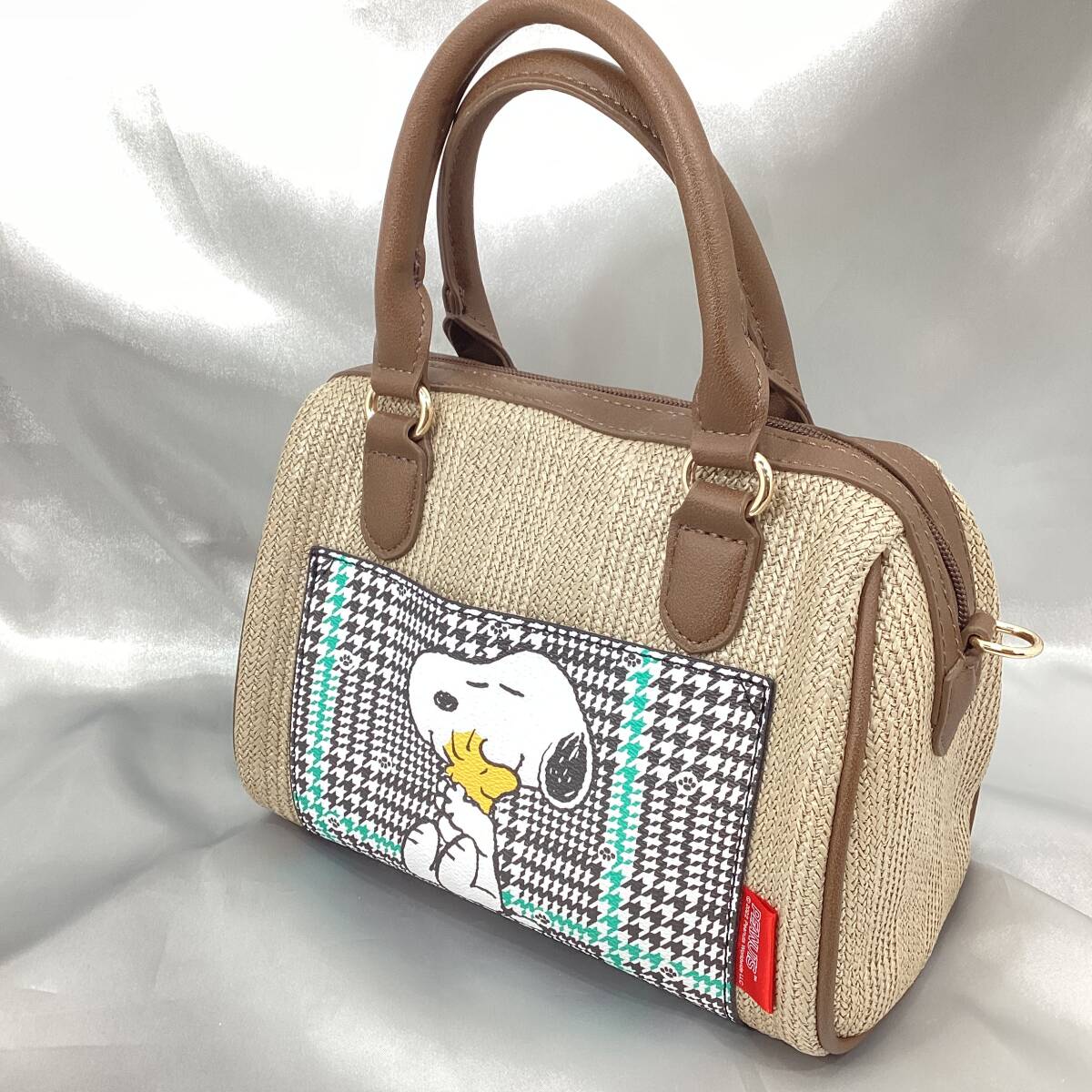 【美品】スヌーピー ハンドバッグ 2way ショルダーバッグ ブラウン カゴ風加工 サマーバッグ ストラップ付 PEANUTS しまむら (H925)_画像3