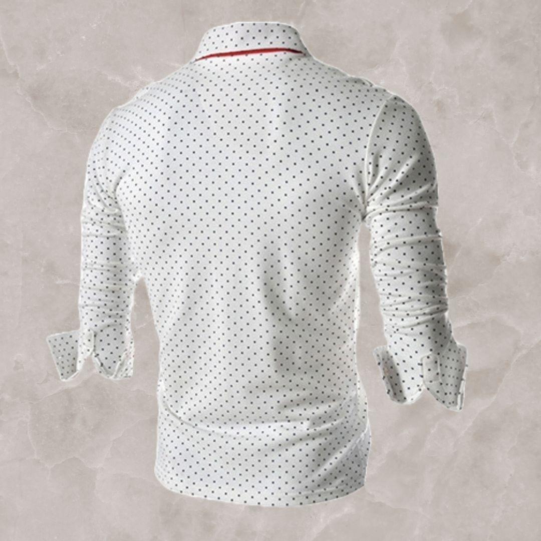 【新品】ポロシャツ 長袖 ドット柄 メンズ XL＜ホワイト＞カジュアル 胸ポケット ジャケット インナー ゴルフウェア 綿素材 プリント 白色
