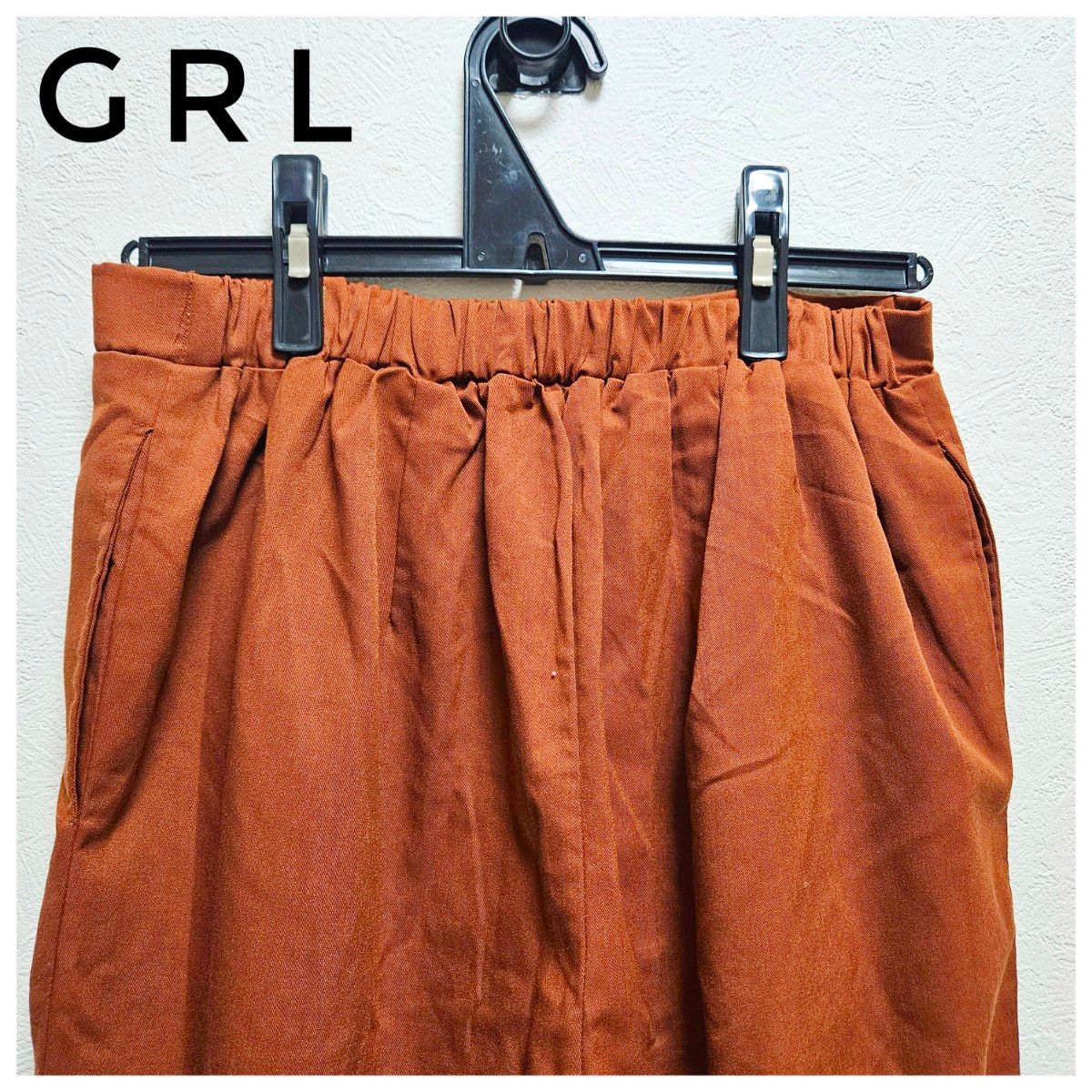 美品　GRL　ワイドパンツ　赤茶色　ウエストゴム　タック　イージーパンツ　M　カジュアル　オフィス　普段使い　ノンファスナー　仕事