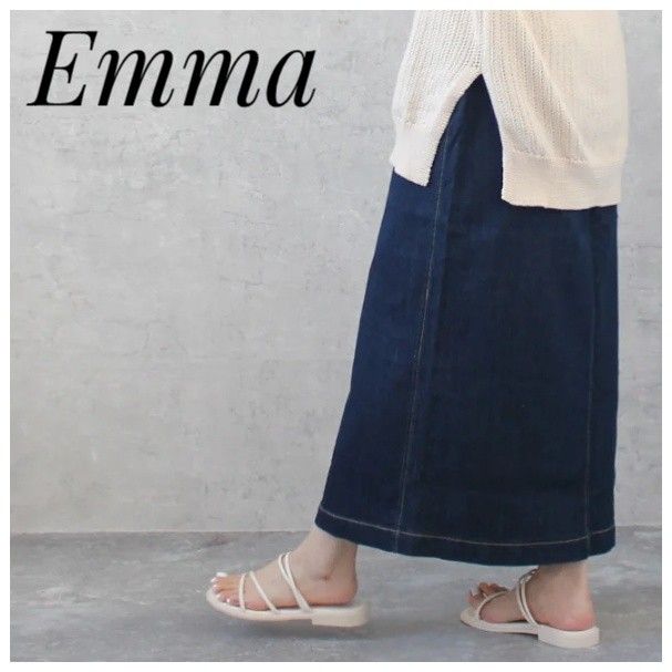 美品　Emma/SELECT LEVERY　デニムロングスカート　スリット　L　藍色　青　ステッチ　カジュアル　ウエストゴム　エマ