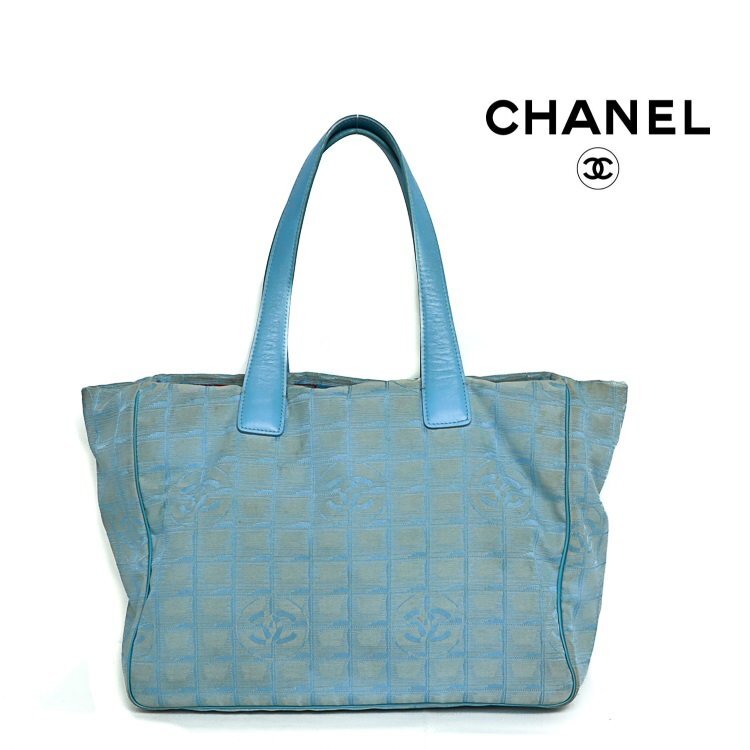 【1円】シャネル CHANEL ニュートラベルライン トートバッグ MM A15991 ナイロンジャガード 水色 レザー 7番台7桁 2001年の画像1