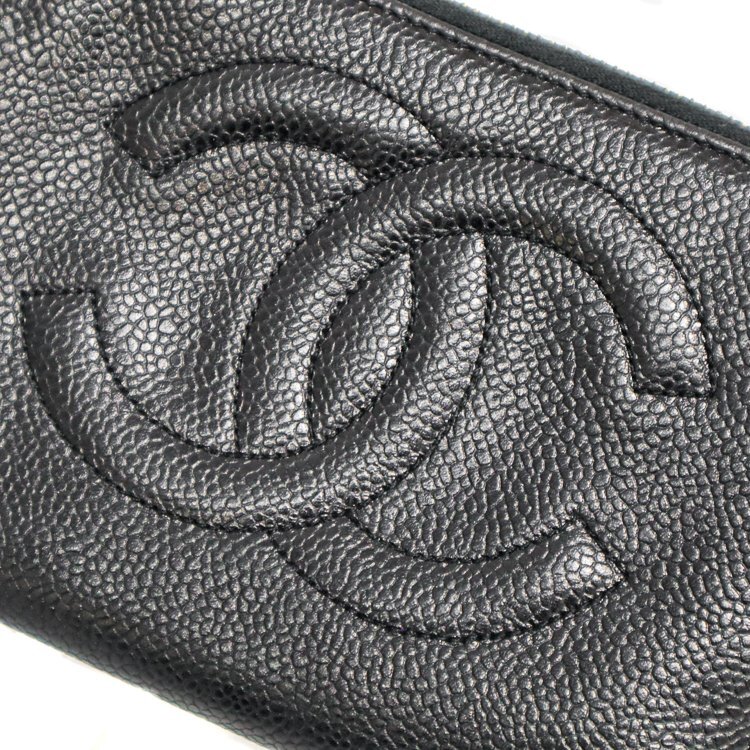 【1円/レア】シャネル CHANEL ヴィンテージ オーガナイザー ココステッチ キャビアスキン ラウンドジップ ウォレット 財布 小銭入 ブラック_画像4