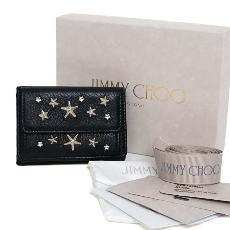 [1 иен / популярный ] Jimmy Choo JIMMYCHOO три складывать кошелек Star заклепки biju- compact бумажник кожа черный мужской женский 