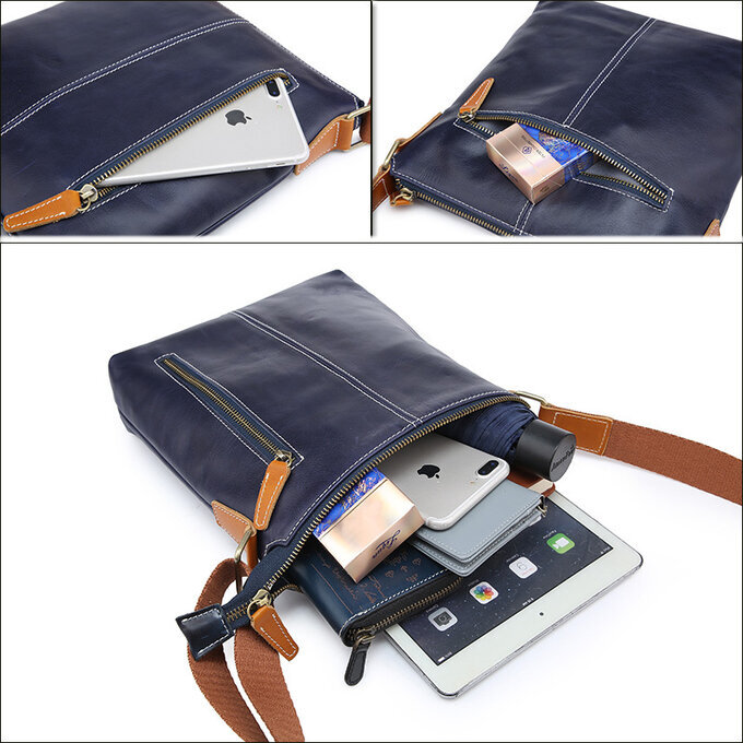 本革 ショルダーバッグ メンズ レザー 肩掛けバッグ 縦型 手提鞄 iPad収納かばん 紳士 ビジネス ポシェット 2ways ネイビーブルー Y04の画像6