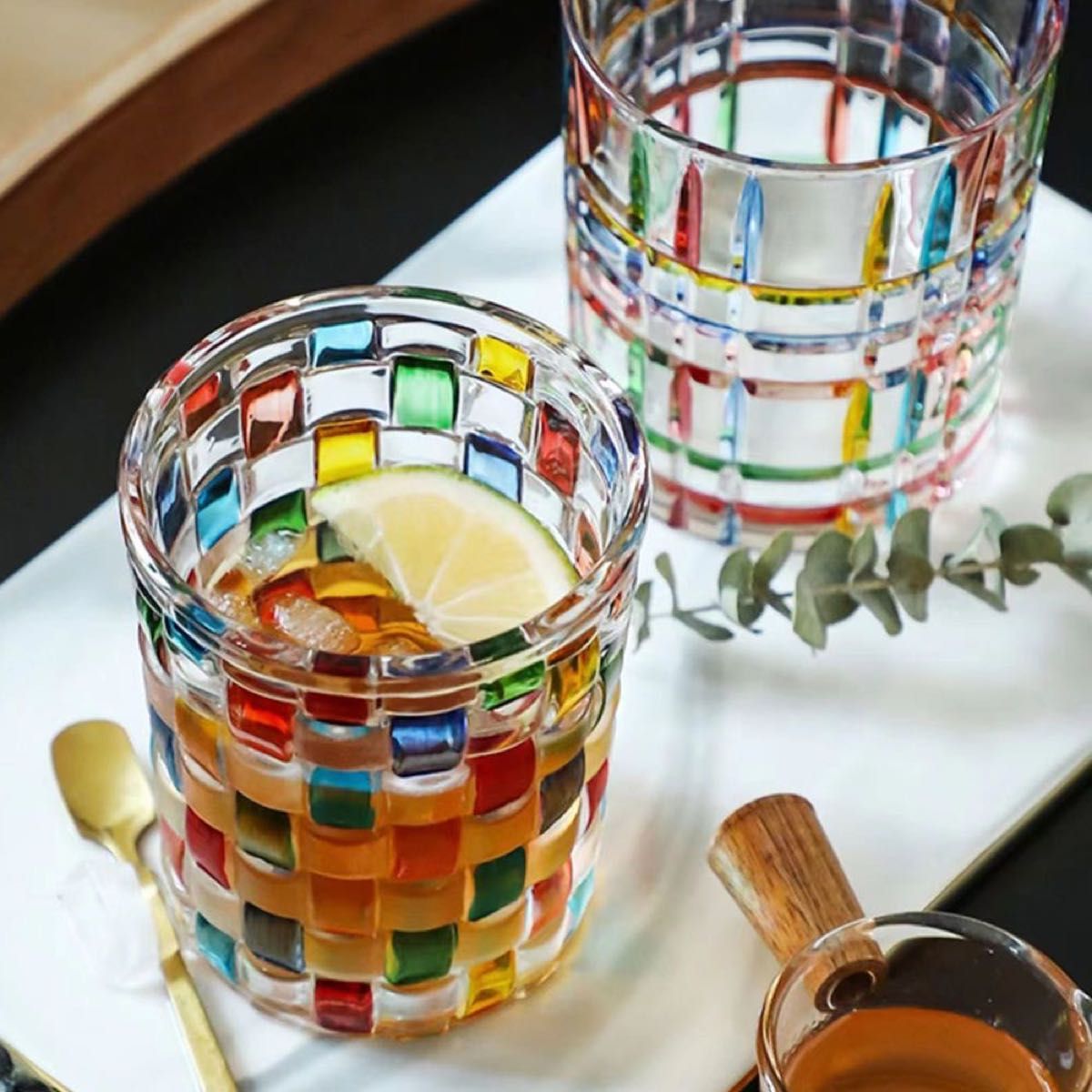 塗られたガラスコップ 2個セット ウイスキーグラス クリエイティブ ウォーターカップ コーヒー ジュース お茶