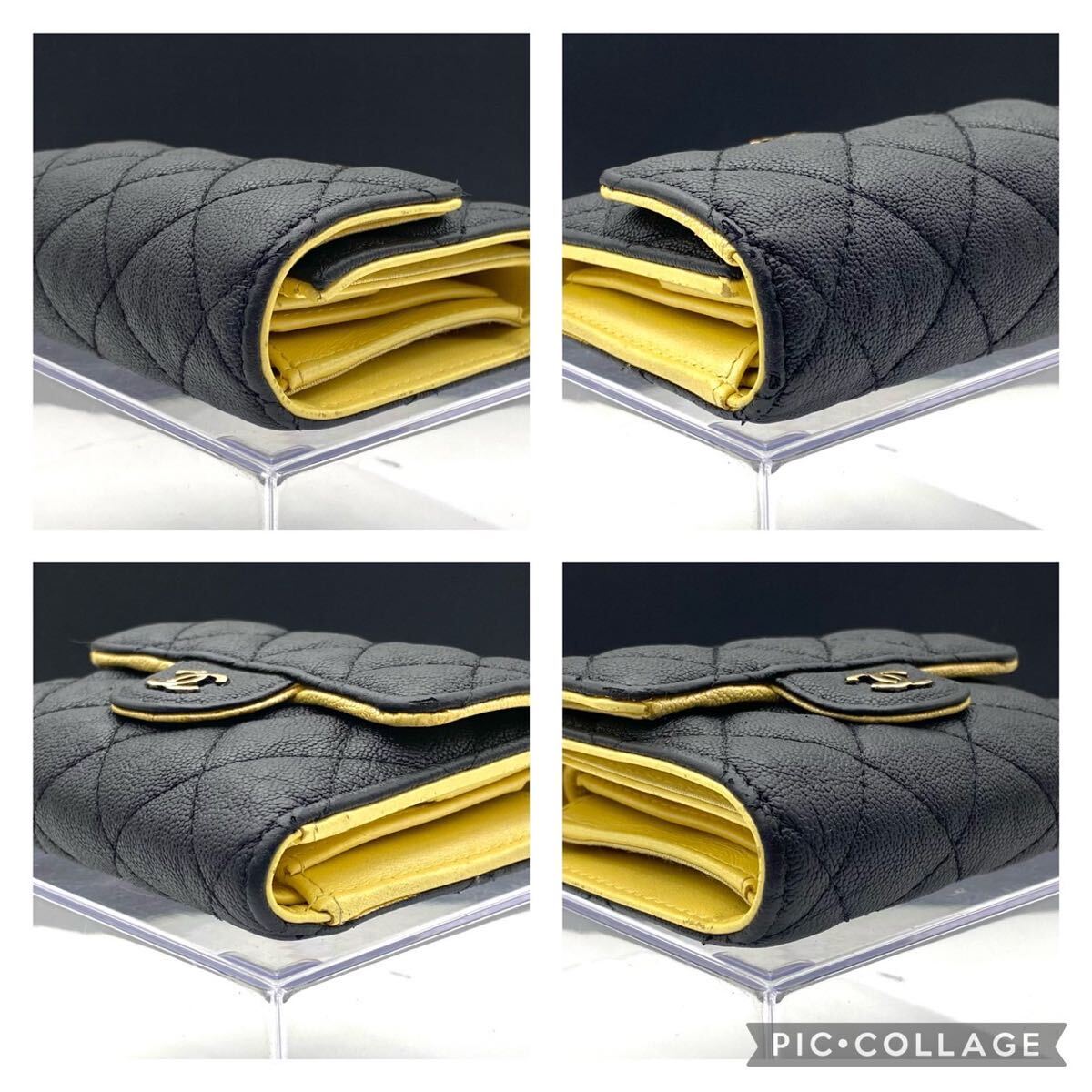 極美品 CHANEL マトラッセ キャビアスキン 付属品 完備 ラムスキン コンパクト ロゴ 財布 三つ折り ブラック ステッチ シャネルの画像6