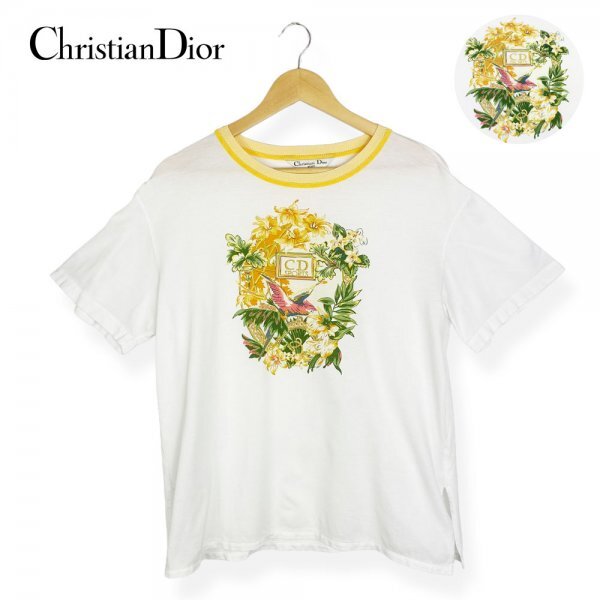 * прекрасный товар / очень редкий * Christian Dior Christian Dior Vintage футболка Logo вышивка эмблема белый M произведена чистка 