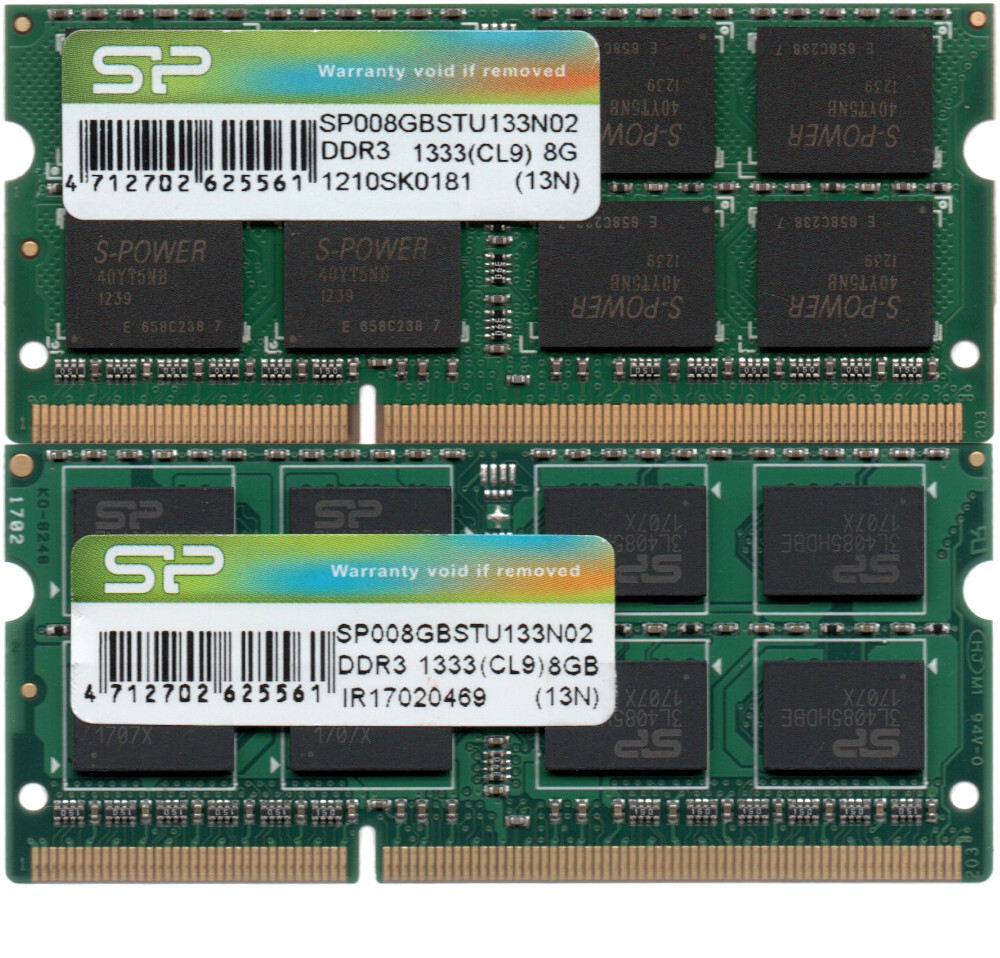 【DDR3 8GBx2枚 合計16GB ノートPC用】＜動作確認済＞シリコンパワー DDR3-1333 (PC3-10600S) SP008GBSTU133N02 x 2枚【中古】H141_写真の商品をお届けいたします！