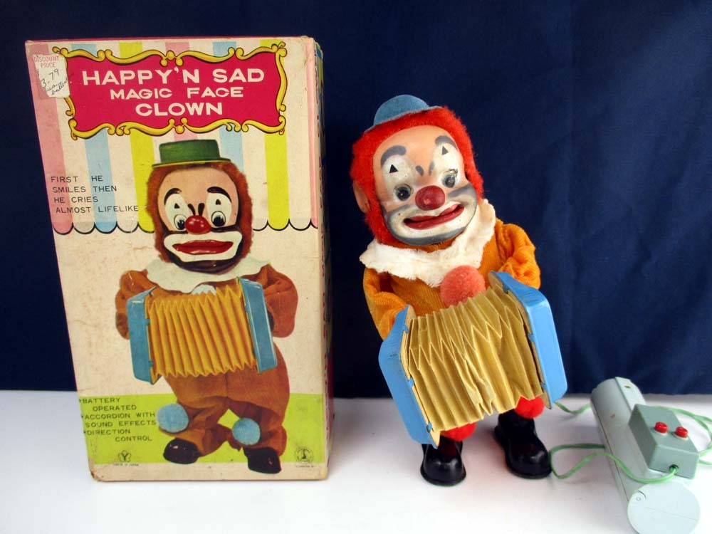 ヨネザワ 1960年代製  HAPPY'N SAD MAGIC FACE CLOWN オリジナル箱付き 完動美品 高さ約24cmの画像1