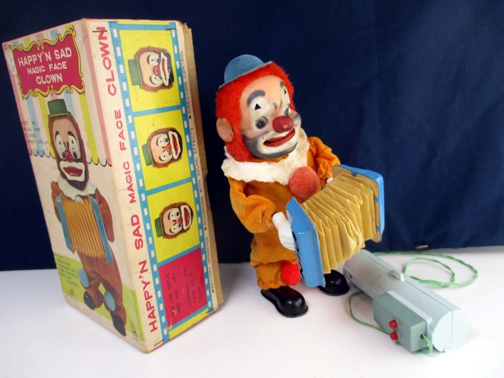 ヨネザワ 1960年代製  HAPPY'N SAD MAGIC FACE CLOWN オリジナル箱付き 完動美品 高さ約24cmの画像2