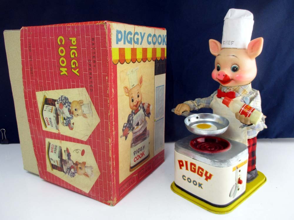  Yonezawa 1960 годы производства PIGGY COOK исправно работает почти прекрасный товар высота примерно 27cm