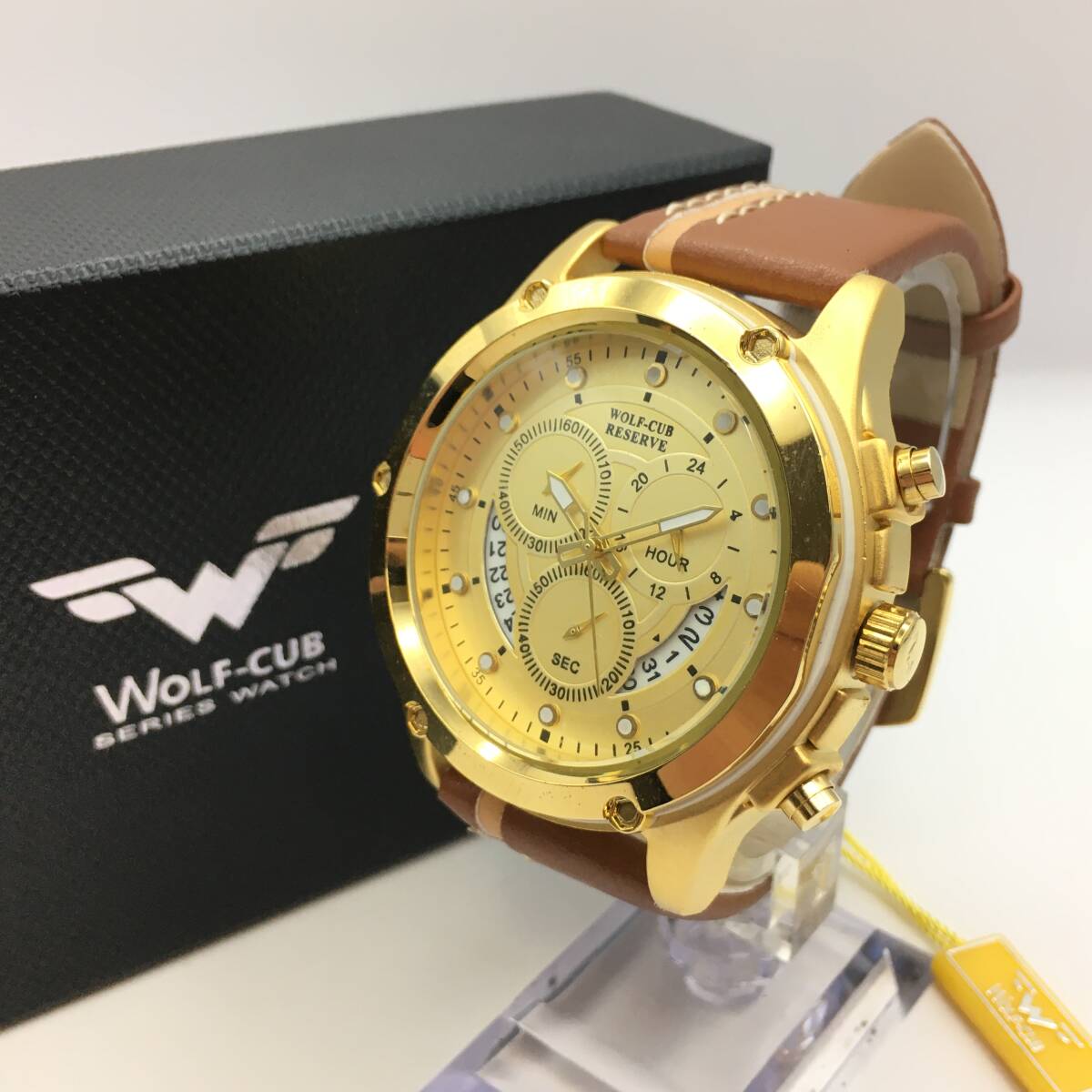 ○B12-115 WOLF-CUB/ウルフ 3針 Date デイト メンズ クォーツ 腕時計 レザーベルト W-1612 付属品ありの画像1