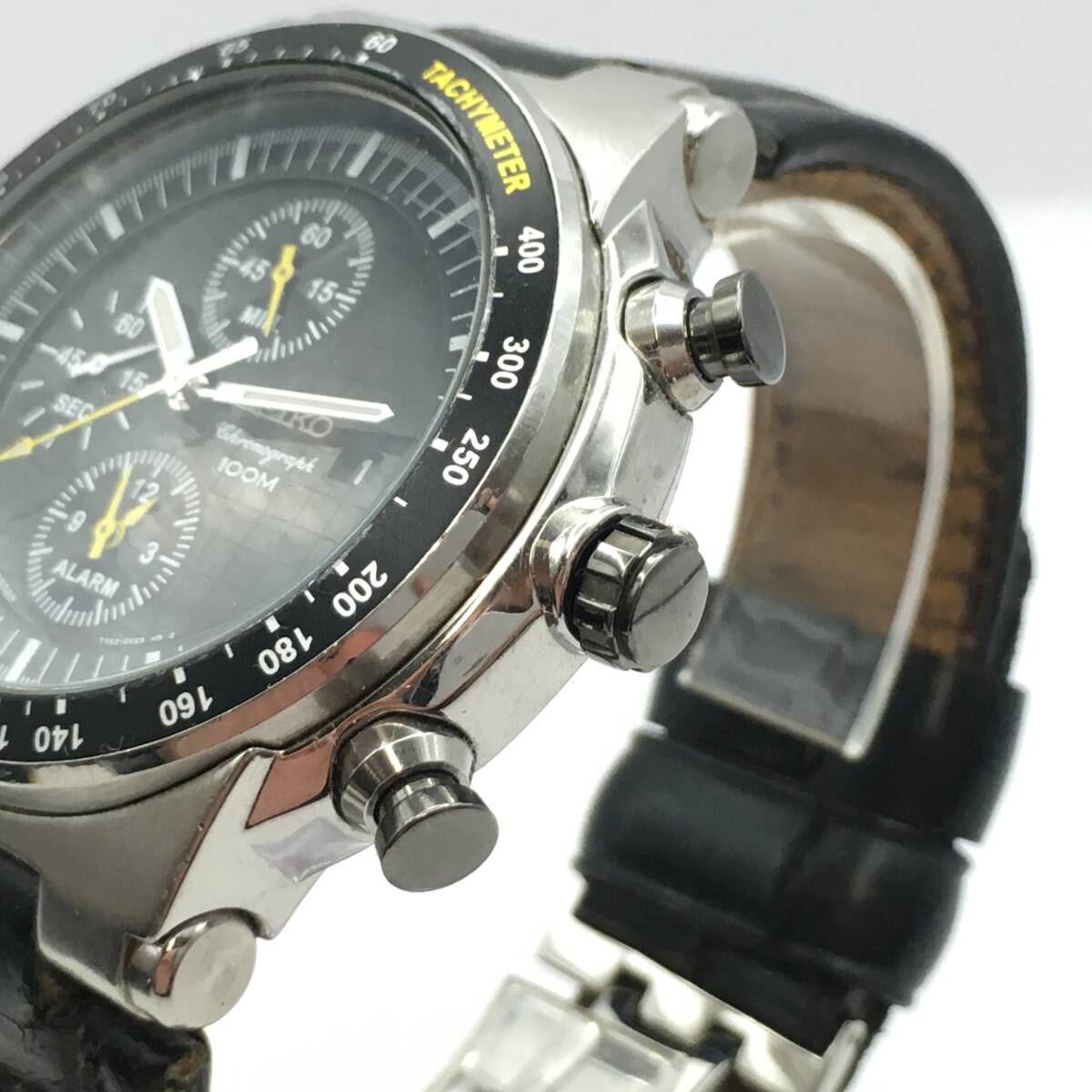 ○E12-34 SEIKO/セイコー クロノグラフ 3針 Date デイト メンズ クォーツ 腕時計 レザーベルト 7T62-0GX0 付属品あり 稼働品の画像4