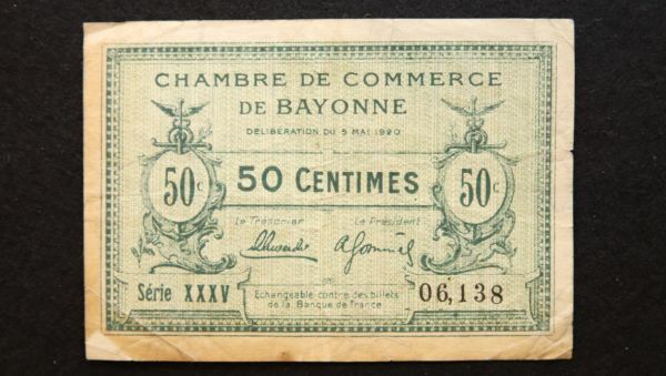 フランス バイヨンヌ 緊急紙幣 50サンチーム（1920）[3208]_画像1