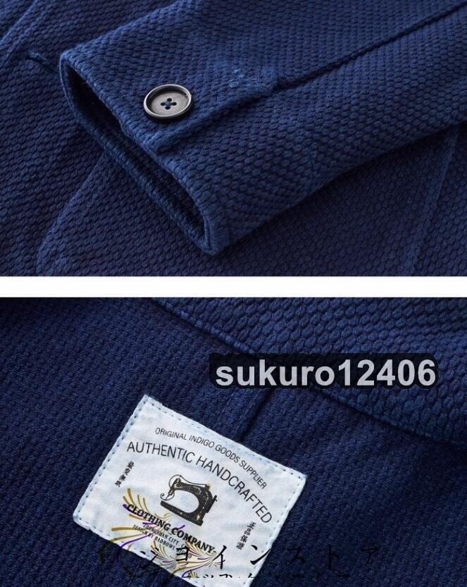 超人気 手作り 藍染め 刺し子 カバーオール 17OZ 綿100% ワークジャケット ブレザー sashiko indigo 上品 インディゴ S~XL_画像2