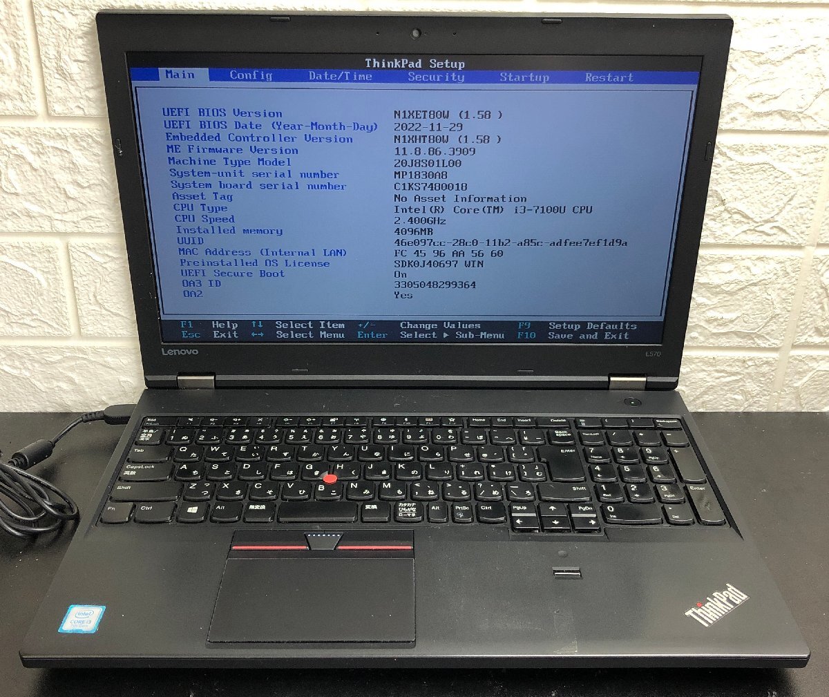 ■ジャンク LENOVO ThinkPad L570 / 第7世代 / Core i3 7100U 2.40GHz / メモリ 4GB / HDD 500GB / DVD / 15.6型 / OS無し / BIOS起動可の画像1