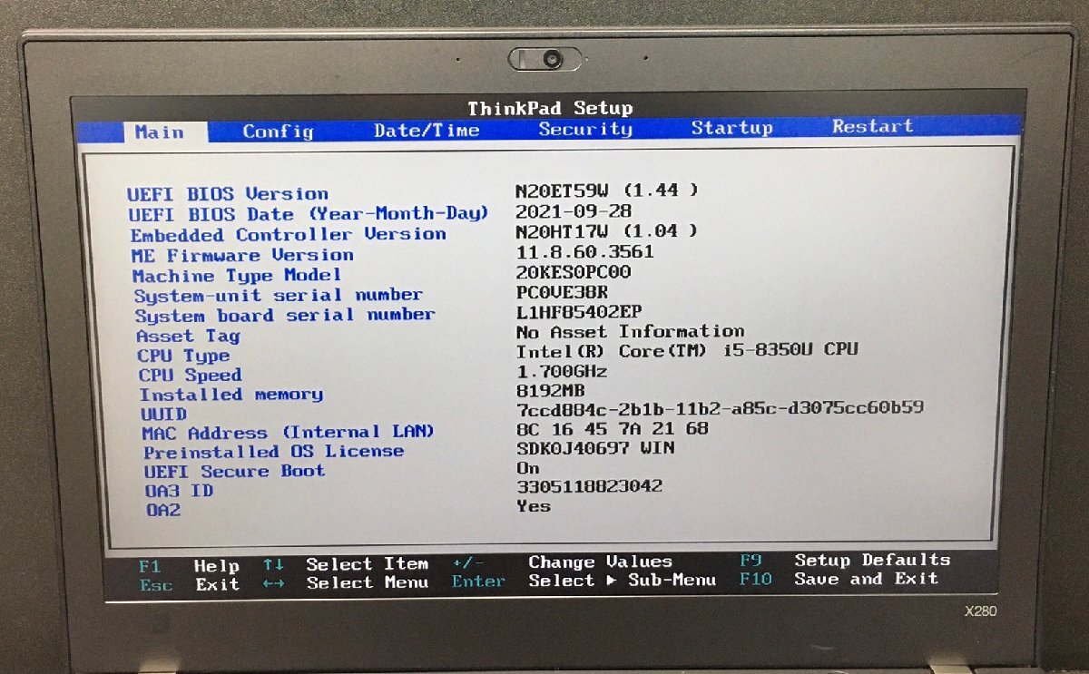 1 jpy ~ # Junk LENOVO ThinkPad X280 / no. 8 generation / Core i5 8350U 1.70GHz / memory 8GB / SSD 256GB / 12.5 type / OS equipped / BIOS start-up possible 