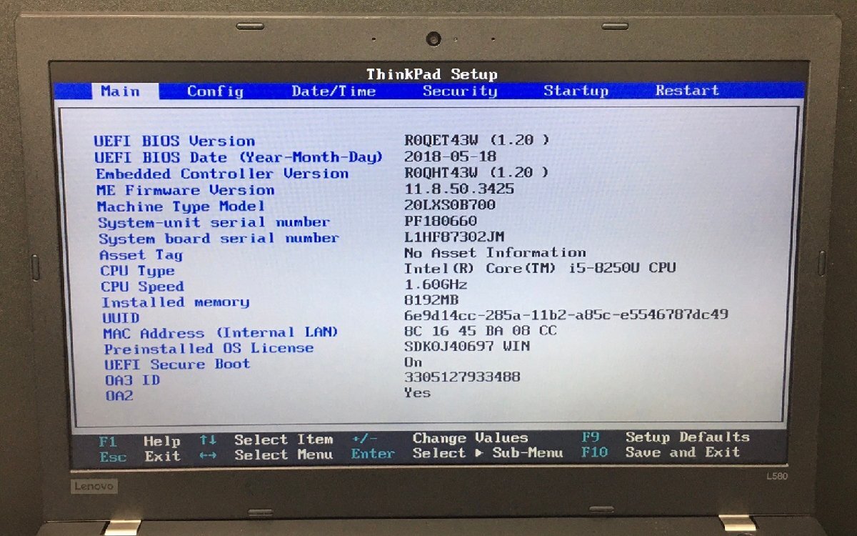 1円～ ■ジャンク LENOVO ThinkPad L580 / Core i5 8250U 1.60GHz / メモリ 8GB / HDD 500GB / 15.6型 / OS有り / BIOS起動可_画像2