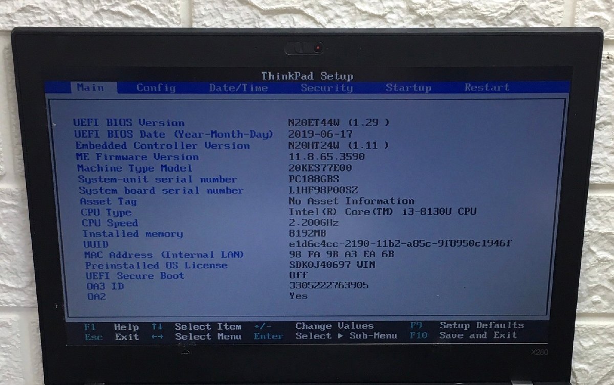 1円～ ■ジャンク LENOVO ThinkPad X280 / 第8世代 / Core i3 8130U 2.20GHz / メモリ 8GB / SSD 256GB / 12.5型 / OS有り / BIOS起動可の画像2